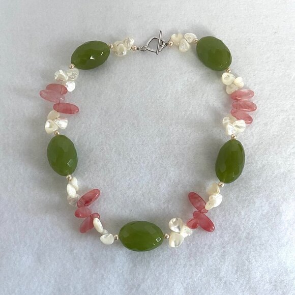 Sterling Silver 925 Beaded Oval Faceted Chrysoprase MOP & Pearl Necklace 17.5" - Picture 4 of 16